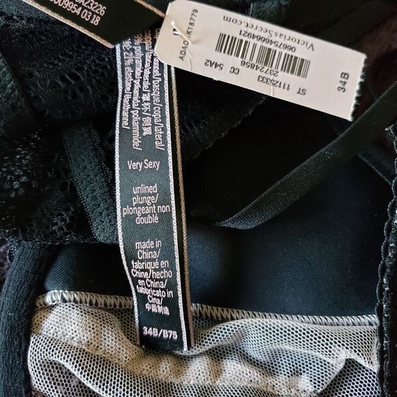 Victoria's Secret Very Sexy Lace Unlined Plunge Underwire Bra 34B Goth Black - Picture 13 of 13